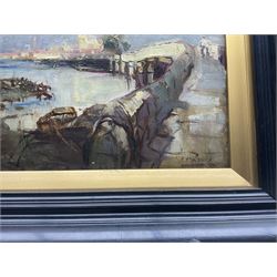 Frank Henry Mason (Staithes Group 1875-1965) and Edith Annie Mason (neé Townley-Fullam) (British 1877-1942): North African Landscape with Figures and Bridge, oil on board signed 25cm x 35cm 
Notes: Frank and Edith married on 26th February 1899 at St Matthew's Church in Elswick, Newcastle, and soon after moved to Rockside House, Blenheim Terrace, Scarborough. Edie (as she was known) was the daughter of Captain George Townley-Fullam (1841-1879), master's mate on the CSS Alabama during the American Civil War, who was lost at sea during a hurricane in the Bay of Biscay whilst captaining the steamer Marlborough.