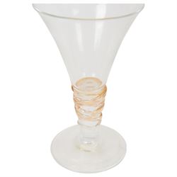 Gillies Jones of Rosedale oversized wine glass, decorated with white abstract decoration, together with a smaller Gillies Jones of Rosedale trumpet shaped wine glass with applied coloured glass ribbon to stem and a Deborah Fladgate purple fluted glass dish, all signed to base, tallest H24.5cm