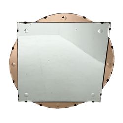 Art Deco wall mirror with central square clear glass panel and peach glass circular border D49cm