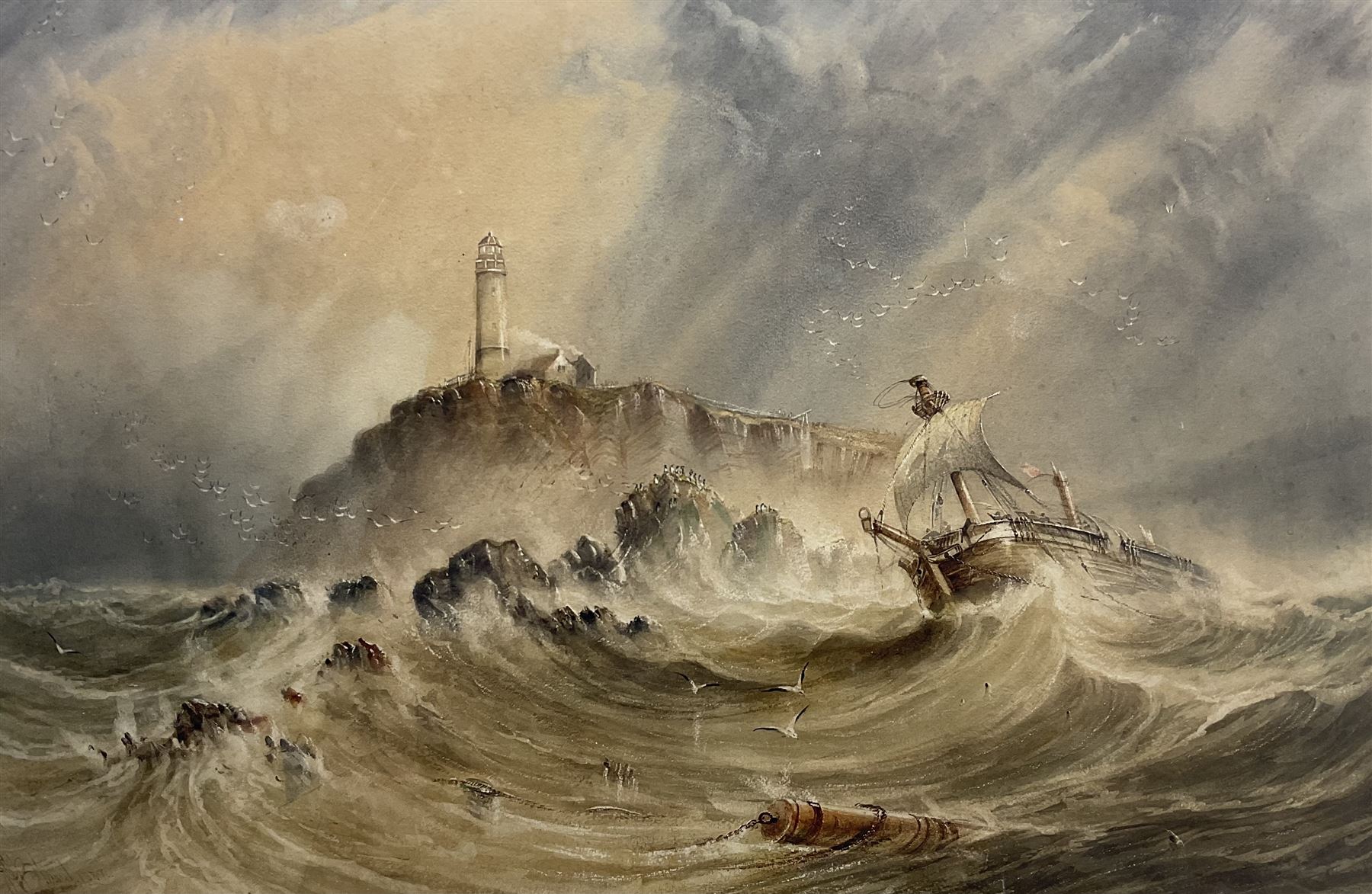 John Francis Bland (British 1857-1899): Ship in Distress off Flamborough Lighthouse, watercolour signed and dated 1881, 58cm x 88cm
Notes: Bland was born at Cloughton near Scarborough, by the age of 24 he was describing himself in the 1881 census as an artist, living with his parents in North Marine Road. He died of a stroke in 1899. This is probably the largest and most important work to have been sold at auction, showing the influence of Henry Barlow Carter (1804-1868)