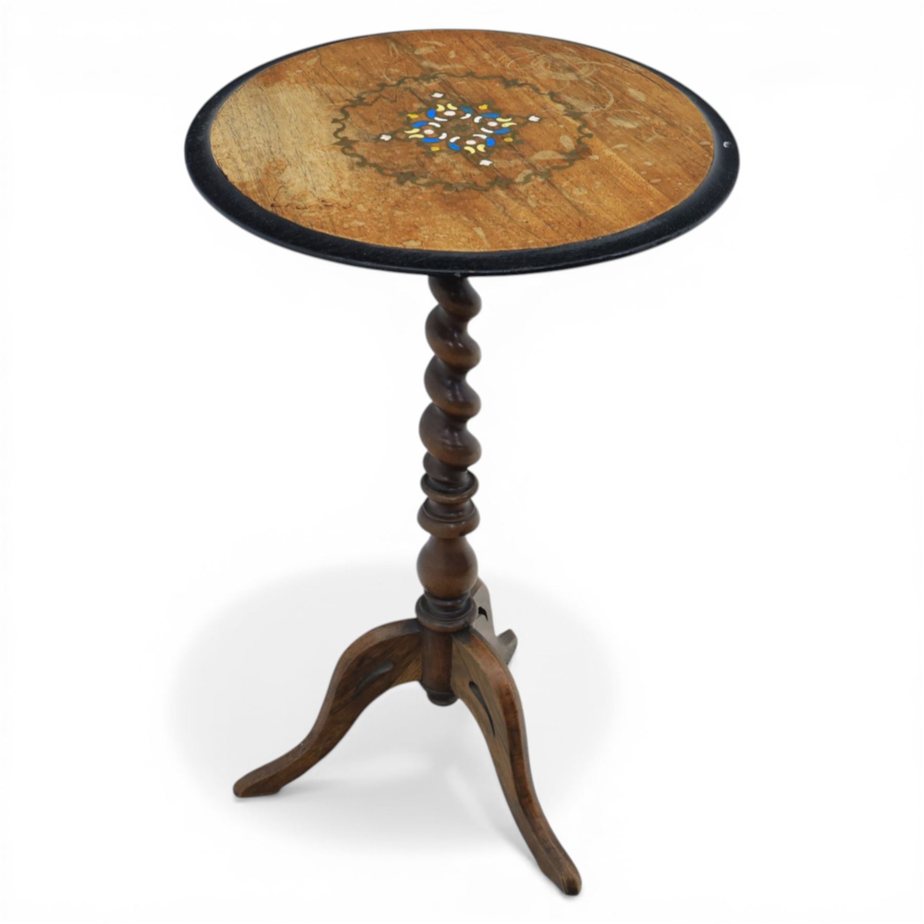 19th century brass inlaid wine table, on a barley twist column terminating in three cabriole supports