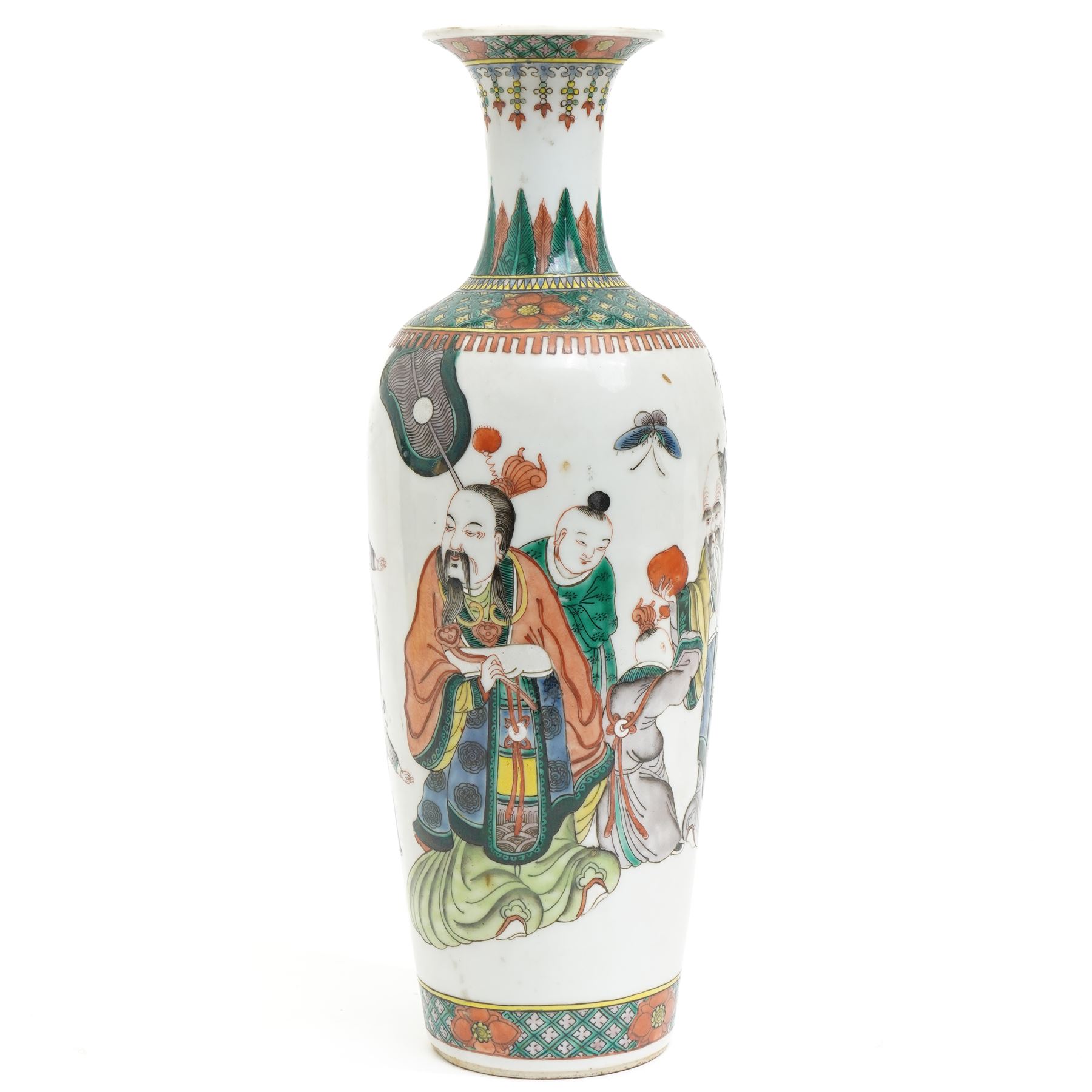 Chinese Kangxi famille verte vase of baluster form with fluted rim, decorated with sage and attendants within a trellis border, with four character Kangxi double ring mark beneath, H31cm 