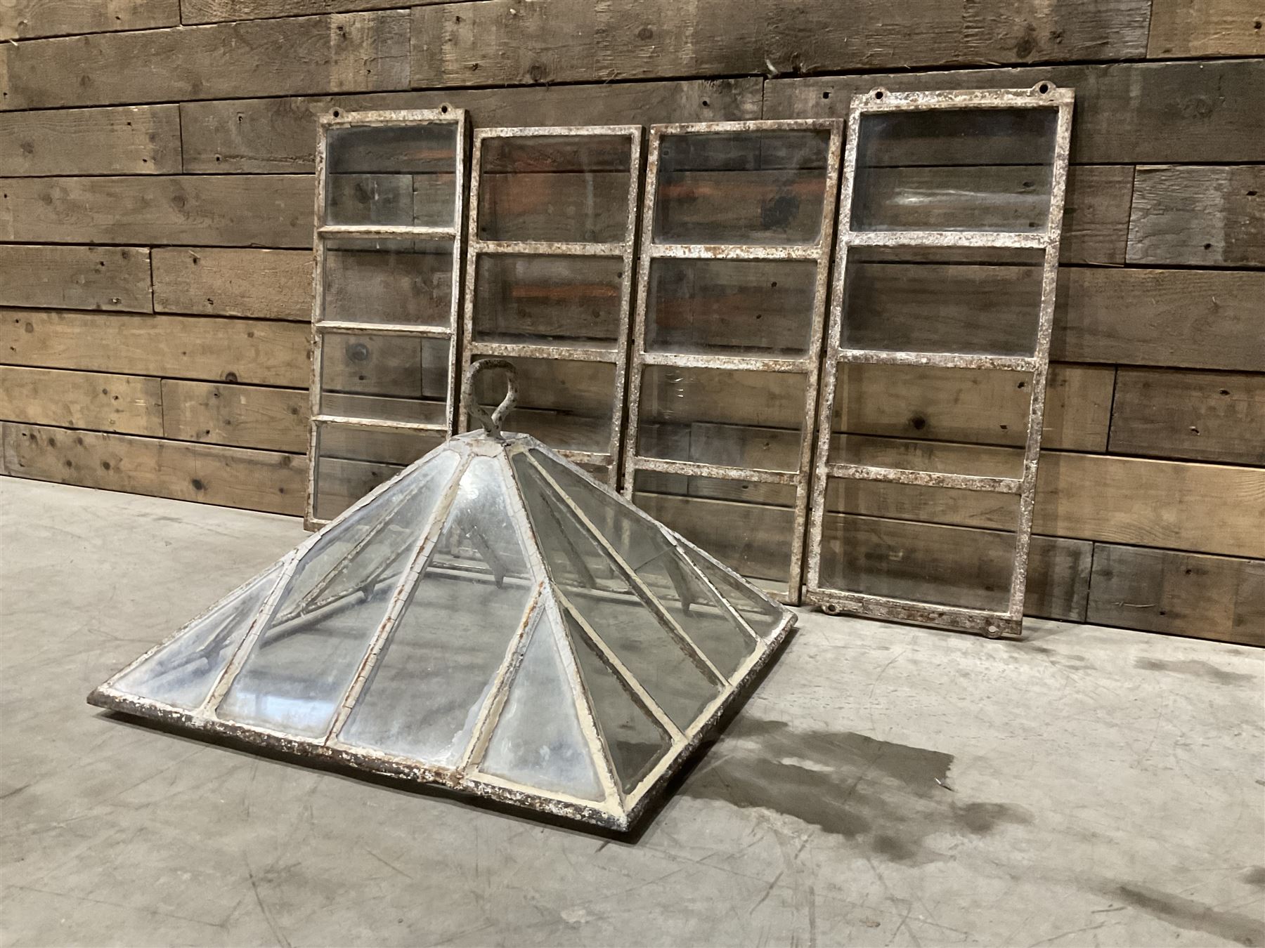 Victorian painted iron framed square garden cloche lantern, with associated sides (larger than the top piece), no fittings