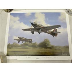 Collection of twenty-one unframed and seven framed prints of predominantly aviation interest after David Pritchard, Brian Petch, Stephen Teasdale, Barry Price, Coulson, Wardle etc; depicting Spitfires, Hurricanes etc; some limited editions with certificates and many bearing multiple signatures on the mount