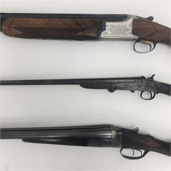  Miroku over and under 12bore shotgun, 26in barrels with engraved action and walnut stock, No.2277306, L112cm, a Sabel side by side 12 bore shotgun, 26in barrels, No. 62546, L108cm and a Lambert Dumoulin folding Poachesrs type gun and a shotgun cartridge leather belt (3) RFD ONLY  