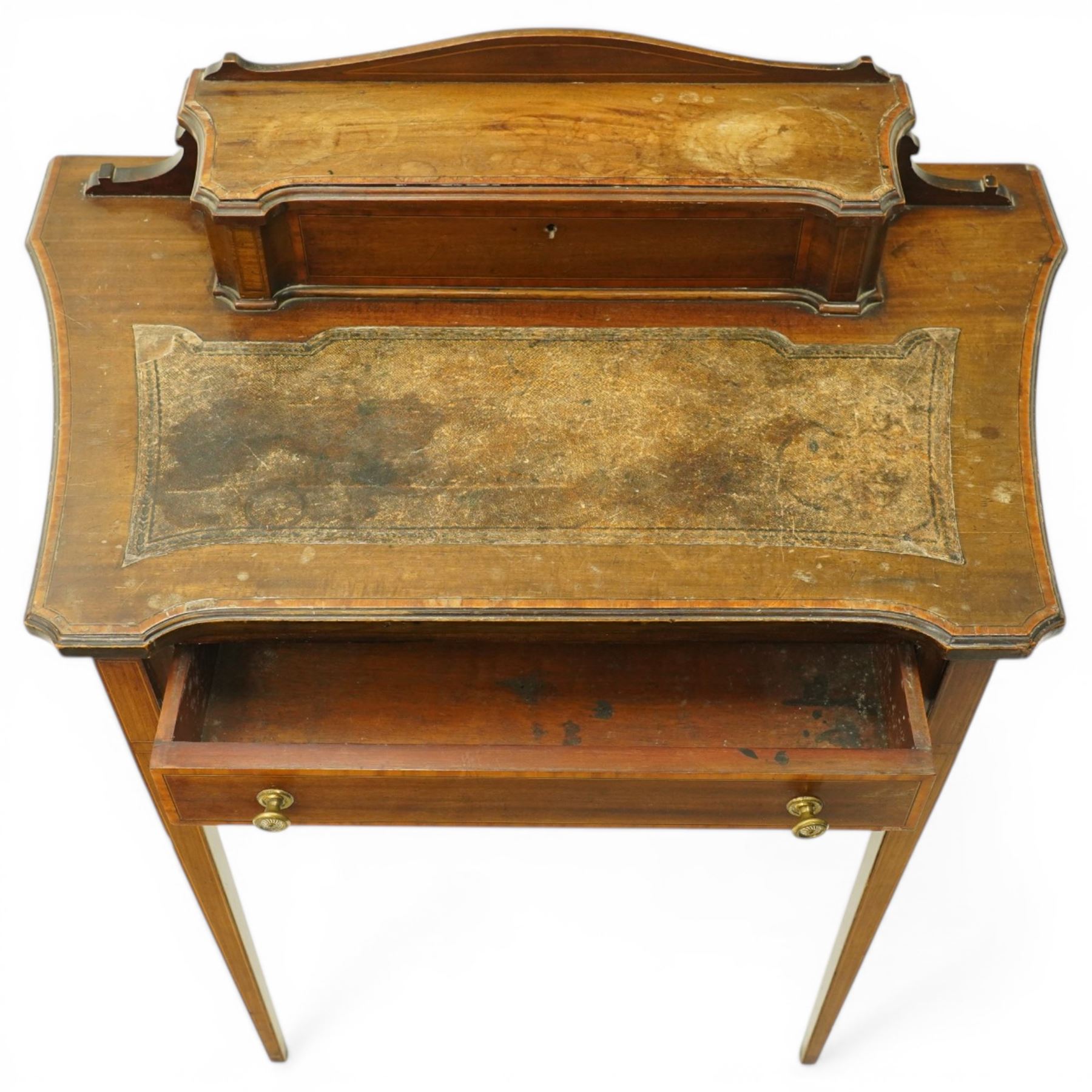 Edwardian inlaid mahogany ladies writing desk, shaped top surmounted with lidded stationary compartment, above a singular drawer, on slender tapering supports
