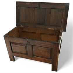 19th Century oak blanket chest, all-over panelling, hinged top with brass latch lock