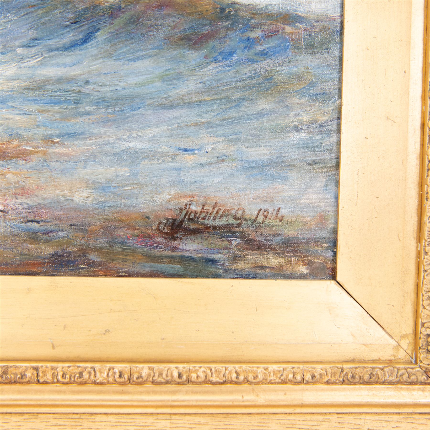 Robert Jobling (Staithes Group 1841-1923): 'Cowbar Nab - Yorkshire Coast', oil on canvas signed and dated 1914, original title label verso 71cm x 91cm 
Provenance: exh. Artists Belgian Relief Fund, Newcastle 1914, presented by the artist, label verso