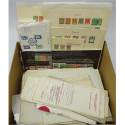  Collection of stamps, football programmes and ephemera including indentures, Queen Victoria and later Great British and Commonwealth stamps on stockcards and album pages, FDCs etc   