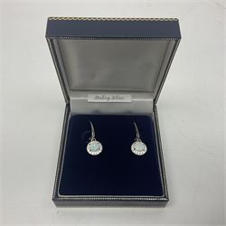 Pair of silver opal and cubic zirconia cluster pendant earrings, stamped 925, boxed 