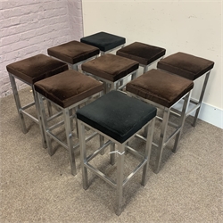 Nine tall upholstered stools with polished metal bases, 37cm x 37cm, H75cm