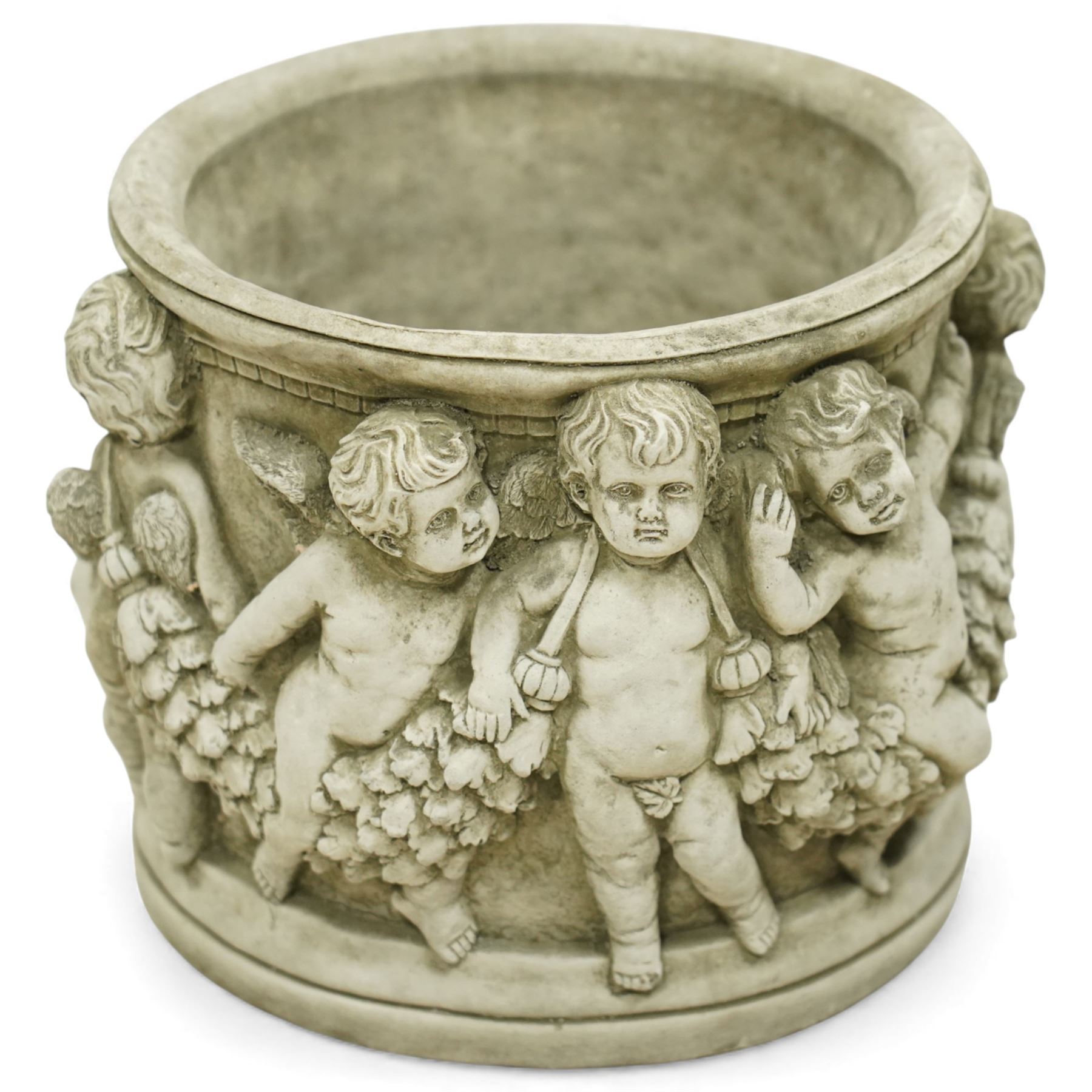 Pair of modern cast stone garden planters, circular tapering bodies moulded with cherubs in high relief among foliage and fruiting vines, in a weathered stone finish