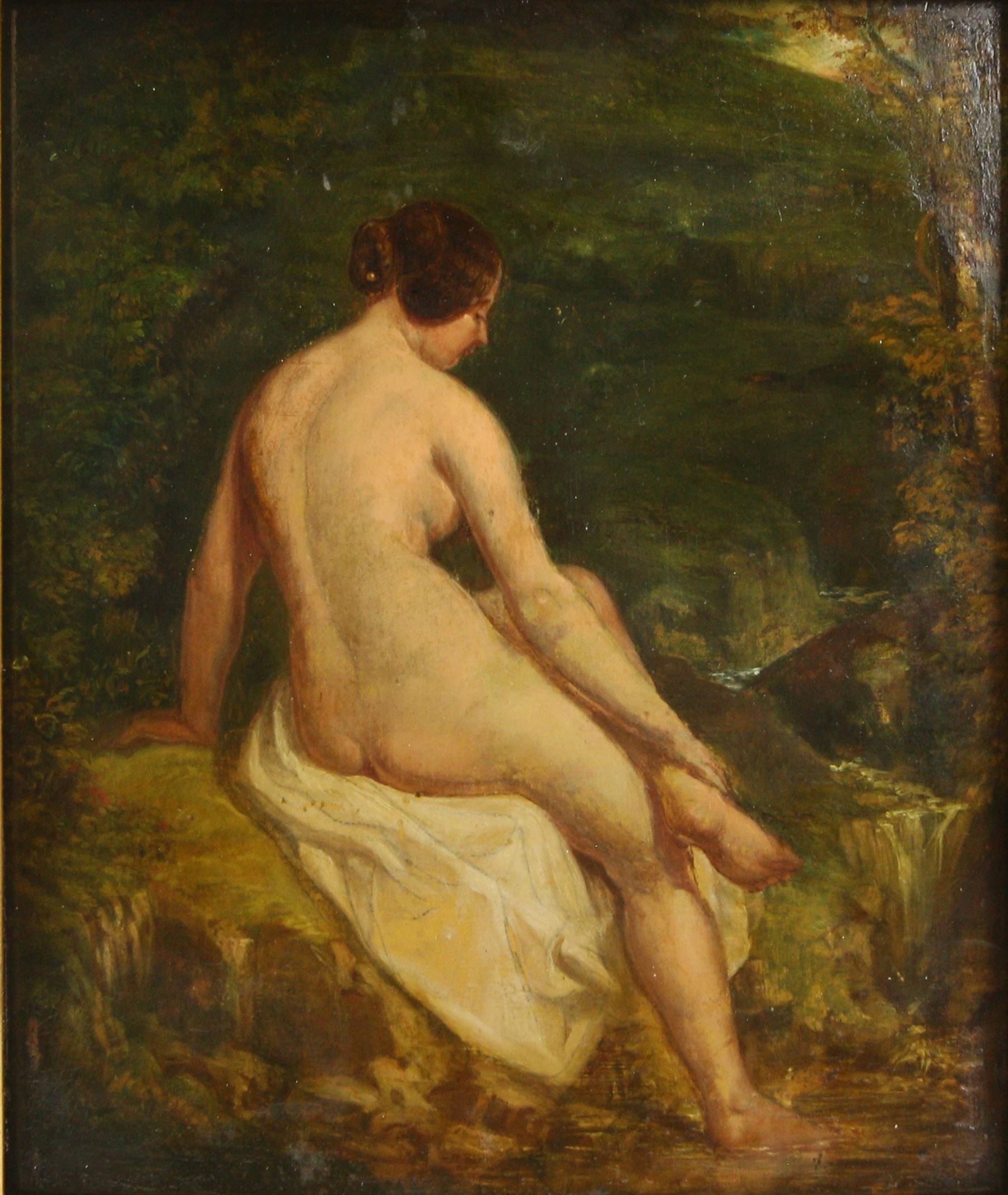 William Etty RA (York 1787-1849): The Bathing Nymph, oil on panel inscribed verso 29cm x 25cm
Provenance: from the collection of Father John O'Connor, a Bradford Roman Catholic priest and the basis for GK Chesterton's detective Father Brown. He was associated with various painters, authors and artists during his time including the likes of Eric Gill and Etty.