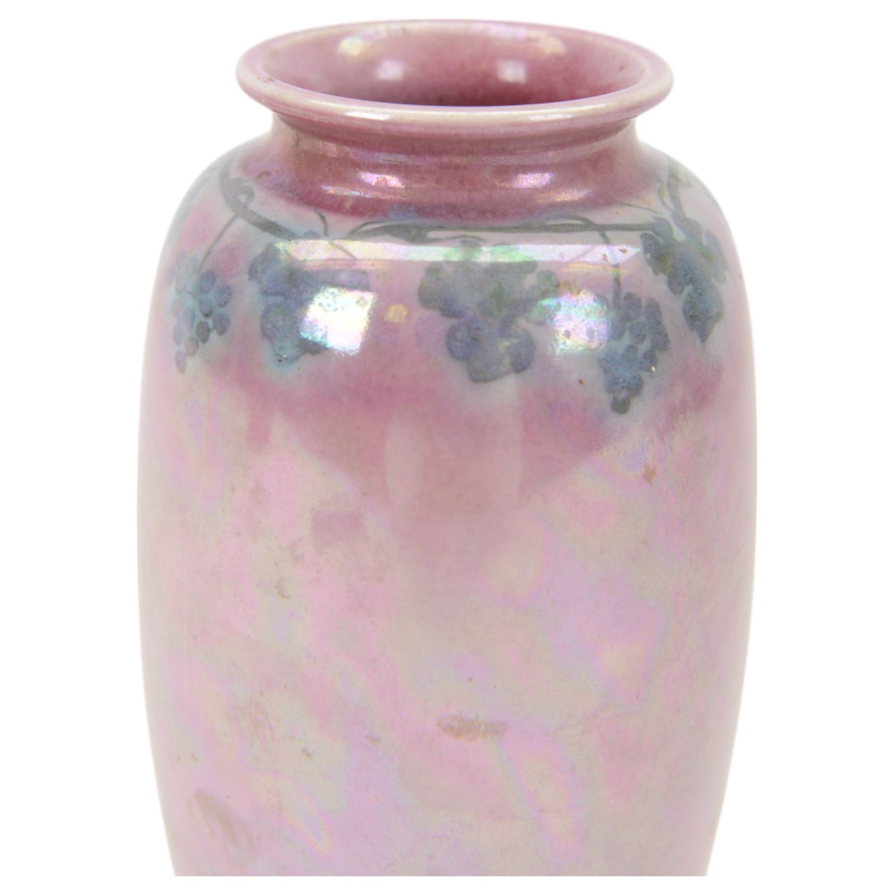 Ruskin Pottery vase, of baluster form, with blue vine decoration upon a pale pink lustre ground, with impressed mark beneath, H19cm