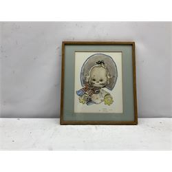 Mabel Lucie Attwell (British 1879-1964): 'Here's a Cheerio from Me', watercolour cut out and laid on paper signed and dated 1959, inscribed verso 24cm x 19cm
Notes: this subject was used in Postcard No.999 and calendars 1947 to 1950