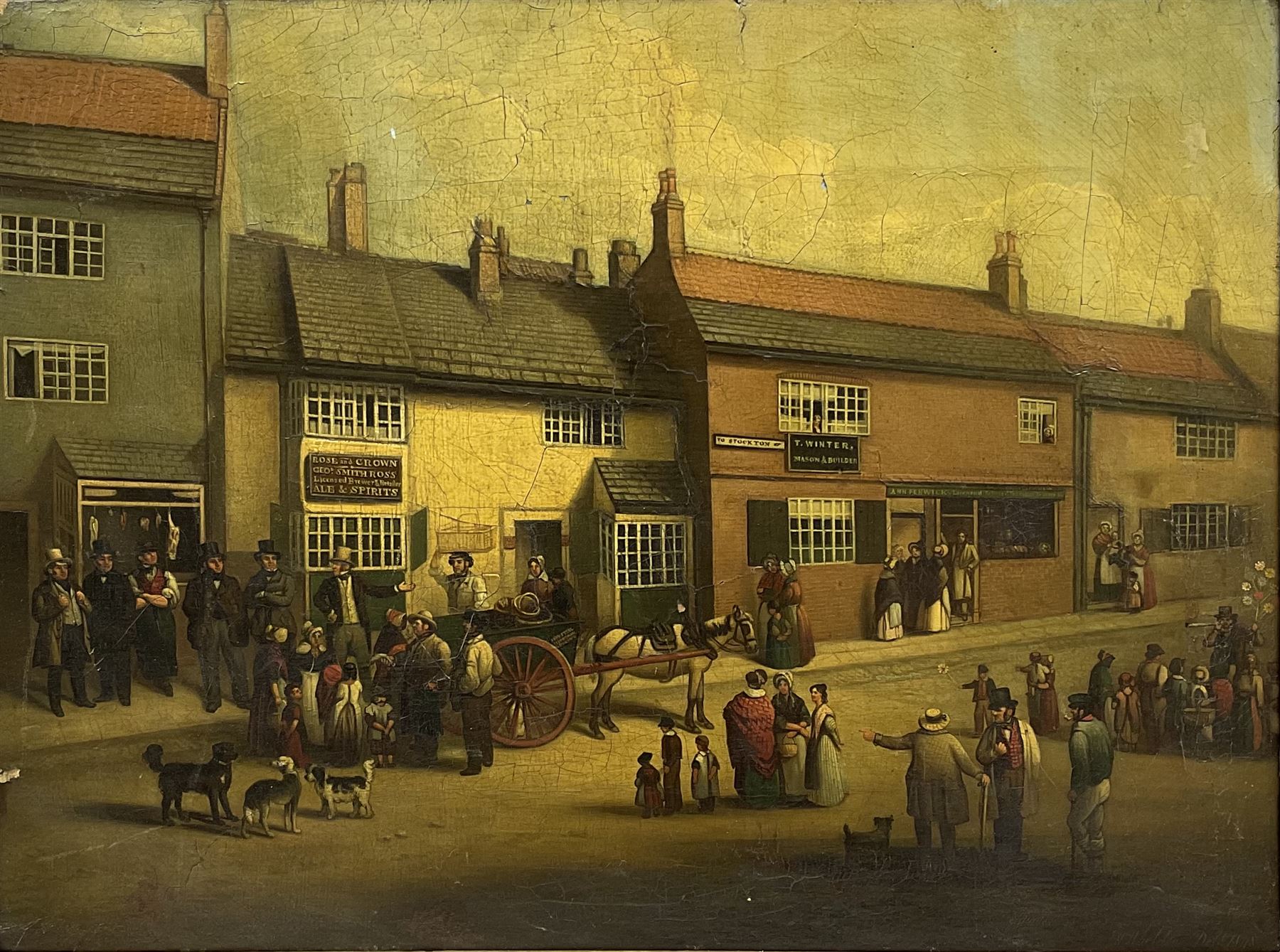 H Wheldon (19th century): High Street outside the Rose and Crown with Durham fishmonger in the foreground, oil on canvas signed and dated 1848, 42cm x 57cm