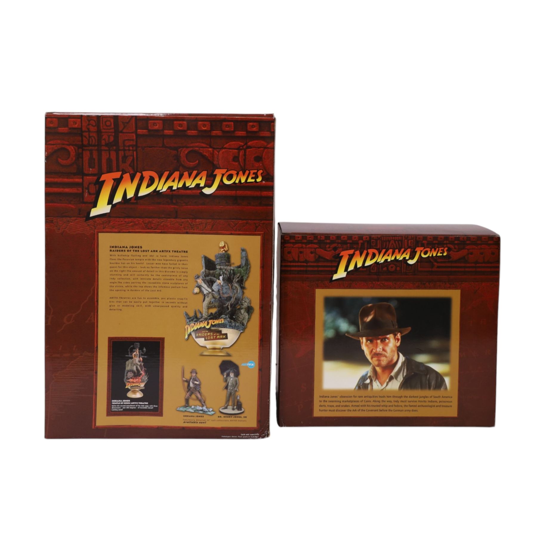 Kotobukiya Artfx Indiana Jones and the Raiders of the Lost Ark Snap Fit Artfx Theatre, together with a Gentle Giant Indiana Jones Collectible Mini Bust, both boxed