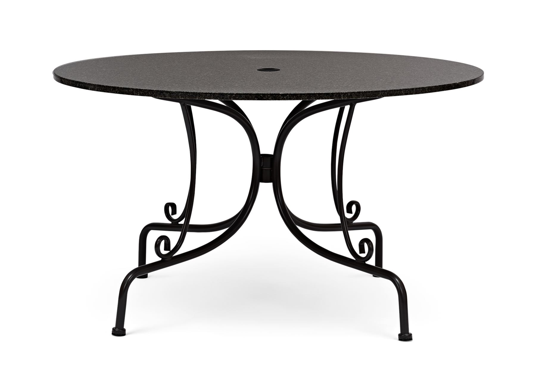 Neptune Furniture - Boscombe black granite and black powder coated steel garden table with circular top, and set five matching black steel garden chairs with loose cushions, with parasol and base.