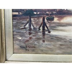 John L Leese (Early 20th century): Dutch Waterway with Windmills, oil on canvas signed and dated 1914, 30cm x 45