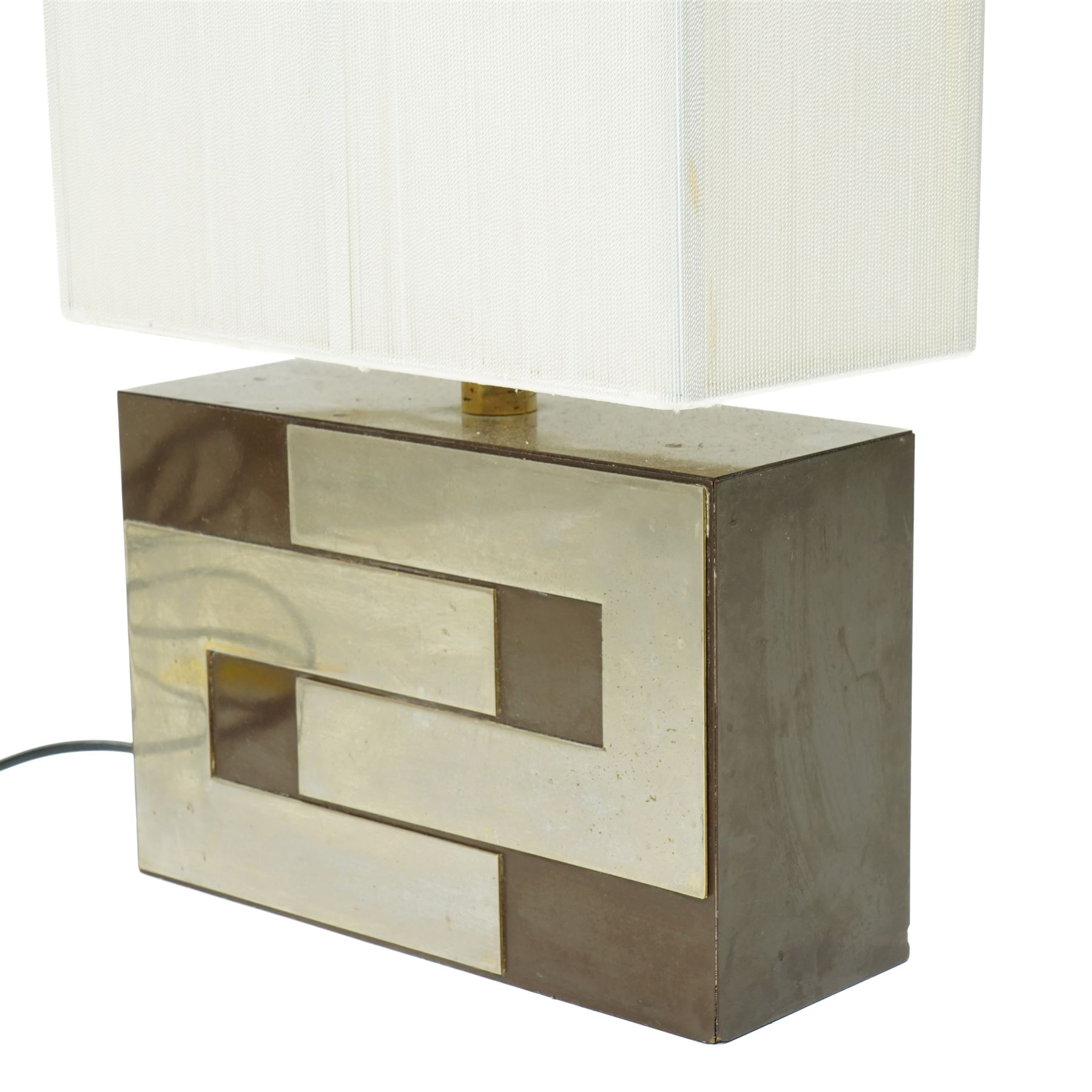 Modernist table lamp of rectangular form in silver and gold tones with shade H38cm and a chromium table lamp of double globe form H27cm (2)