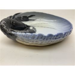 Pair of Royal Copenhagen bowls modelled as baskets and mounted with lobsters, model no 3498 and 3277, with painted and printed marks beneath, largest D19cm