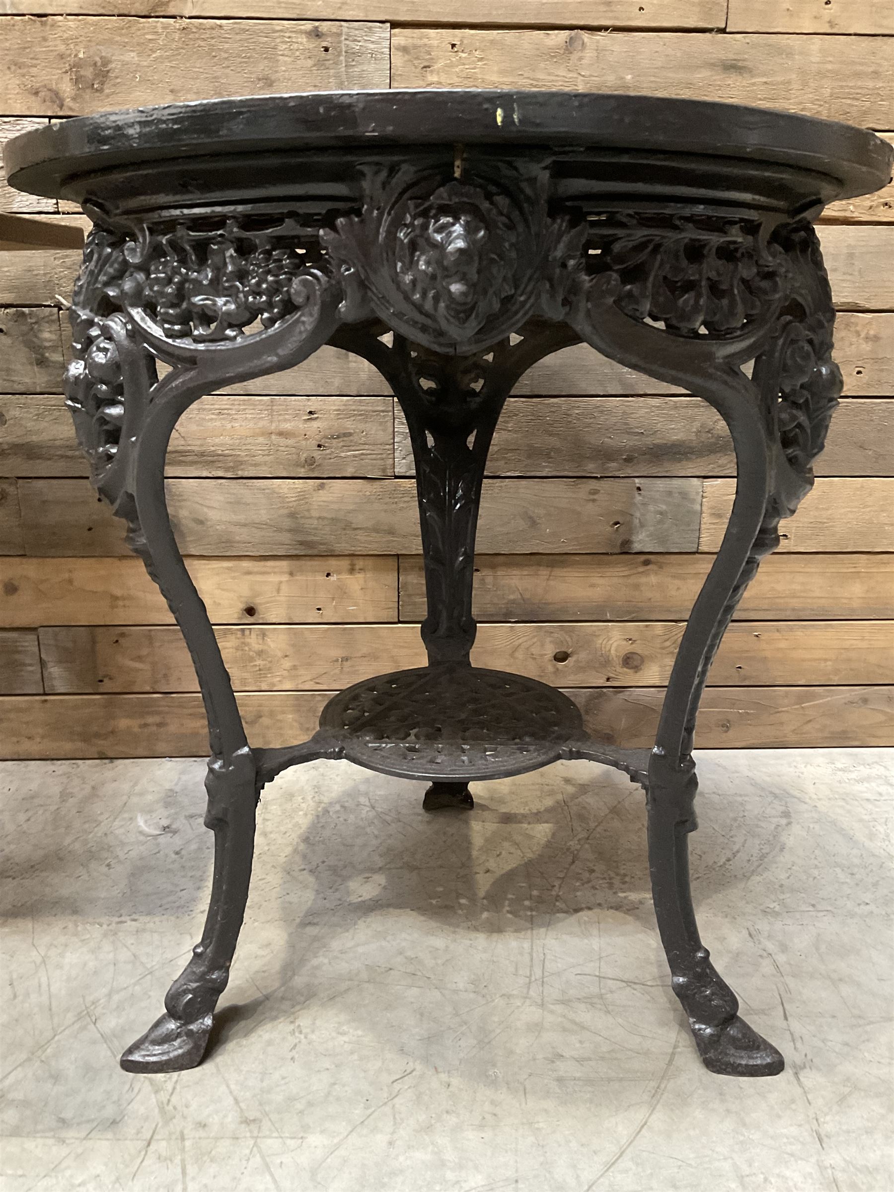 19th century cast iron Coalbrookdale design table with circular top (D66cm, H74cm) and a cast iron pedestal table with square top (W69cm, D70cm, H72cm)