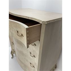 French style painted serpentine chest, moulded edging, five drawers, the top featuring a Limoges style porcelain plaque centrepiece, cabriole supports