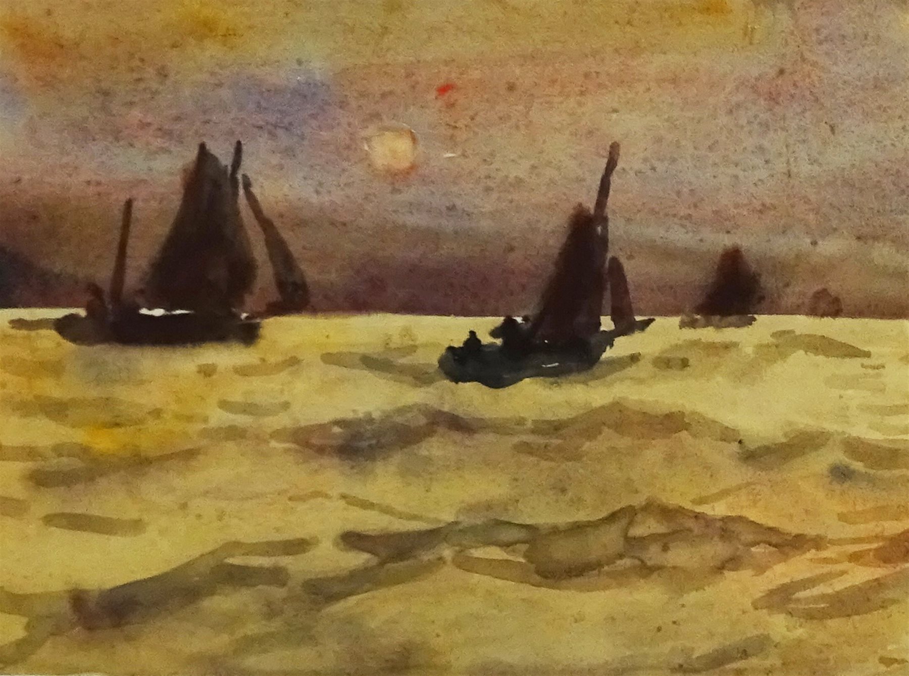  Joseph Richard Bagshawe (Staithes Group 1870-1909): Fishing Boats setting Sail at Sunrise, watercolour, authenticated by his granddaughter verso 15cm x 21cm  