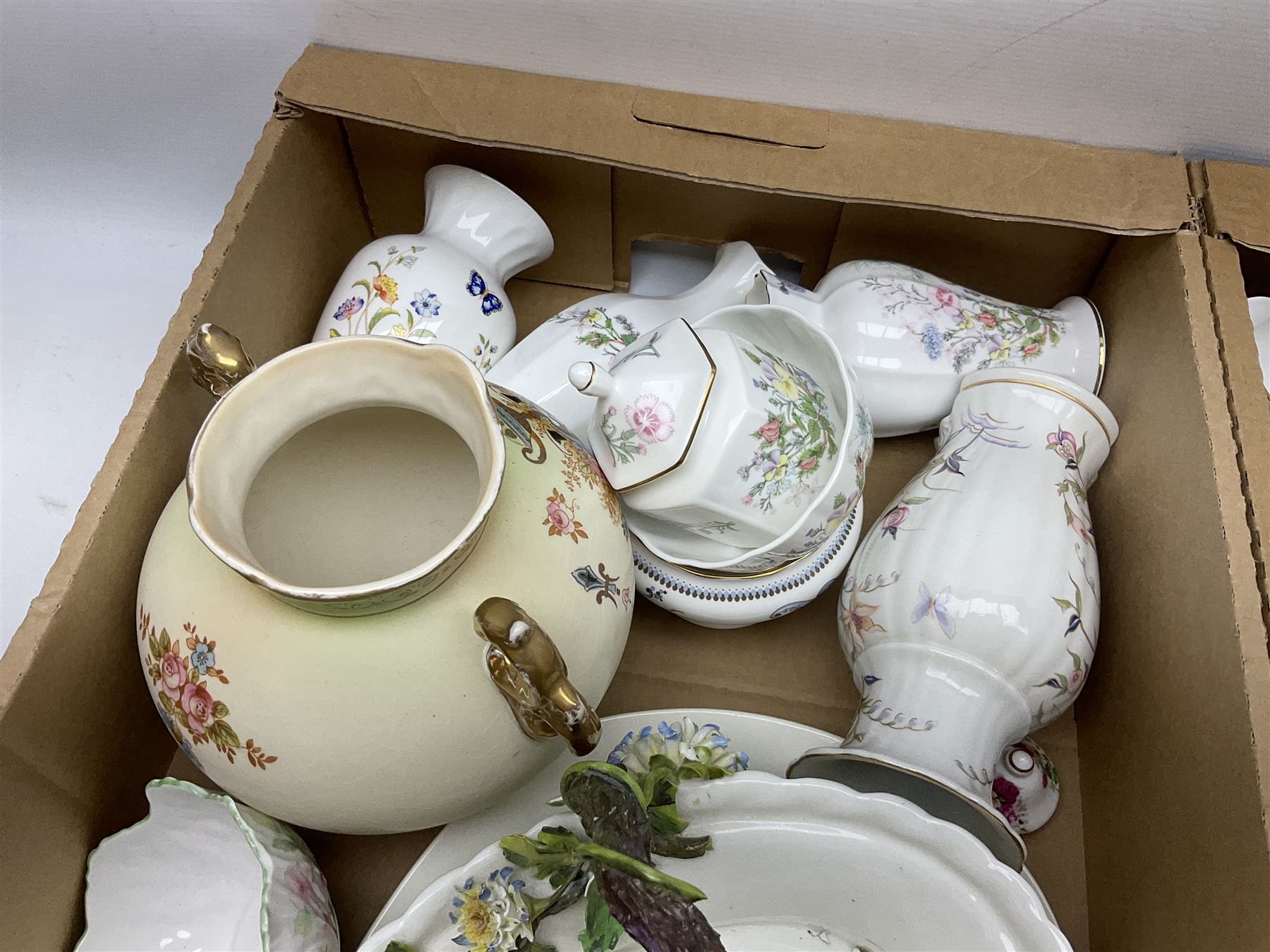 Royal Worcester miniature loving cup, Royal Doulton Wendy figure HN 2109, Lladro dish, two Giuseppe Armani figures, Staffordshire style figural vase, Crown Devon Fieldings blush ivory ewers and twin handled vases, Villeroy & Boch, Royal Doulton, Carlton Ware, Masons ironstone, other ceramics, teawares etc in four boxes