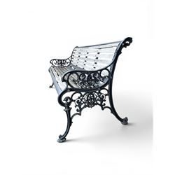 Victorian Andrew McLaren pattern cast iron bench, the ornate ends with detailed scrollwork, joined together with a cast iron seat and backrest frame supporting gently weathered oak slats, Victorian diamond stamp mark