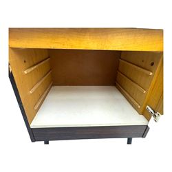 Troeds of Sweden - mid-20th century rosewood veneered cupboard, single door with brass handle enclosing interior fitted with one drawer, raised on ebonised tapered and splayed supports