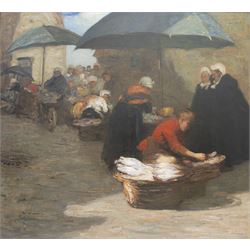 Mark Senior (Staithes Group 1864-1927): A Flemish Fishmarket, oil on canvas signed 90cm x 99cm 
Provenance: formerly in the collection of Mrs M.V. Hudson, the artist's daughter; Sotheby's London 10th May 1989 Lot 9; Christie's London 22nd November 1994 Lot 133; Christie's London 23rd November 2017 Lot 112. 
Exh. Royal Academy 1907, no. 886; exh. 'Mark Senior 1862-1927', Elizabethan Exhibition Gallery, Wakefield, 16th April - 2nd July 1983, no. 57. 
Notes: the Wakefield catalogue entry reads: 