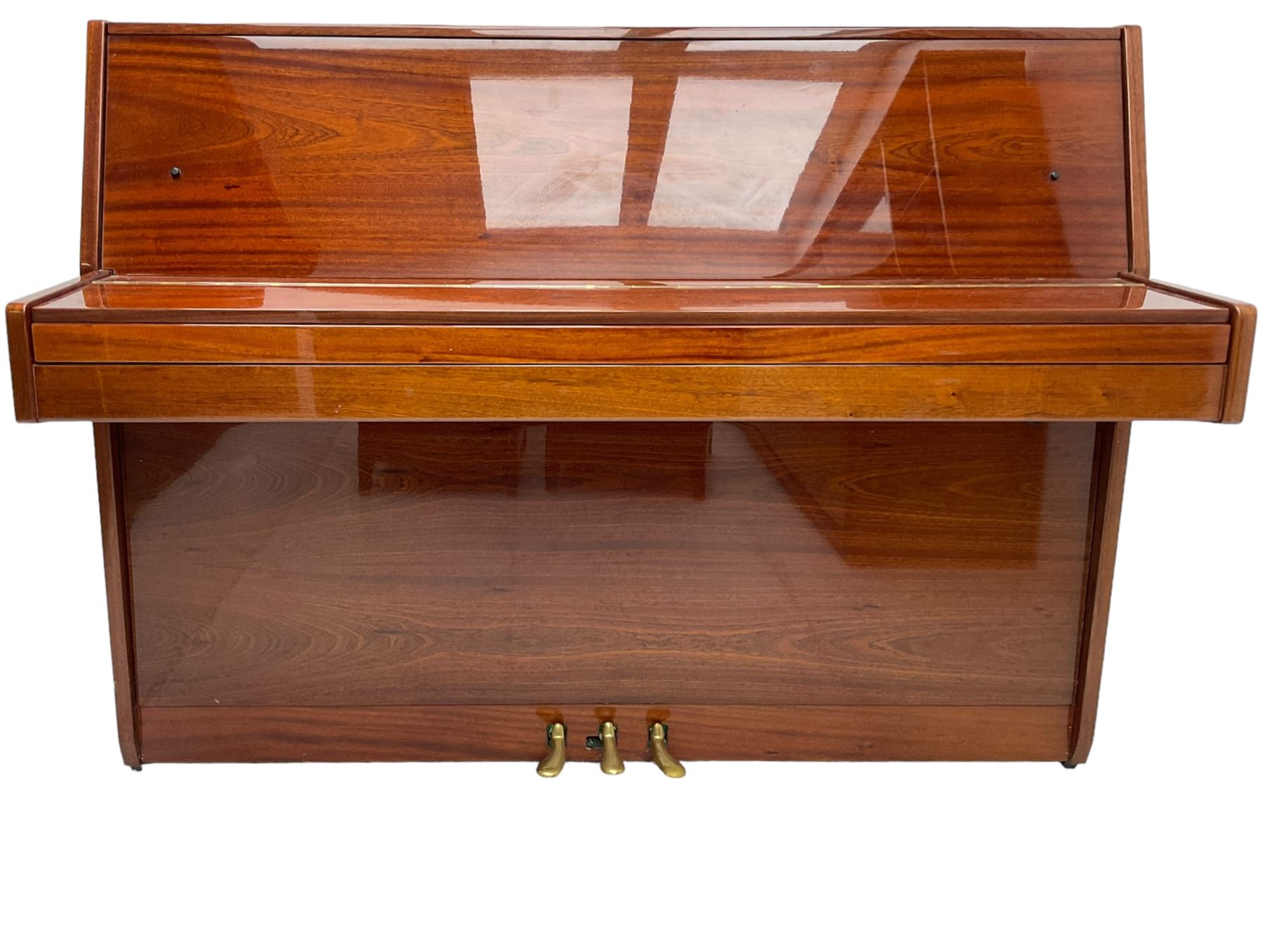 Steinmayer upright series 108 piano in sapele mahogany case, with an overstrung Iron frame and underdamper action, sustain, sostenuto and practise pedal, full compass seven octave 88 note keyboard serial Number 97050003 