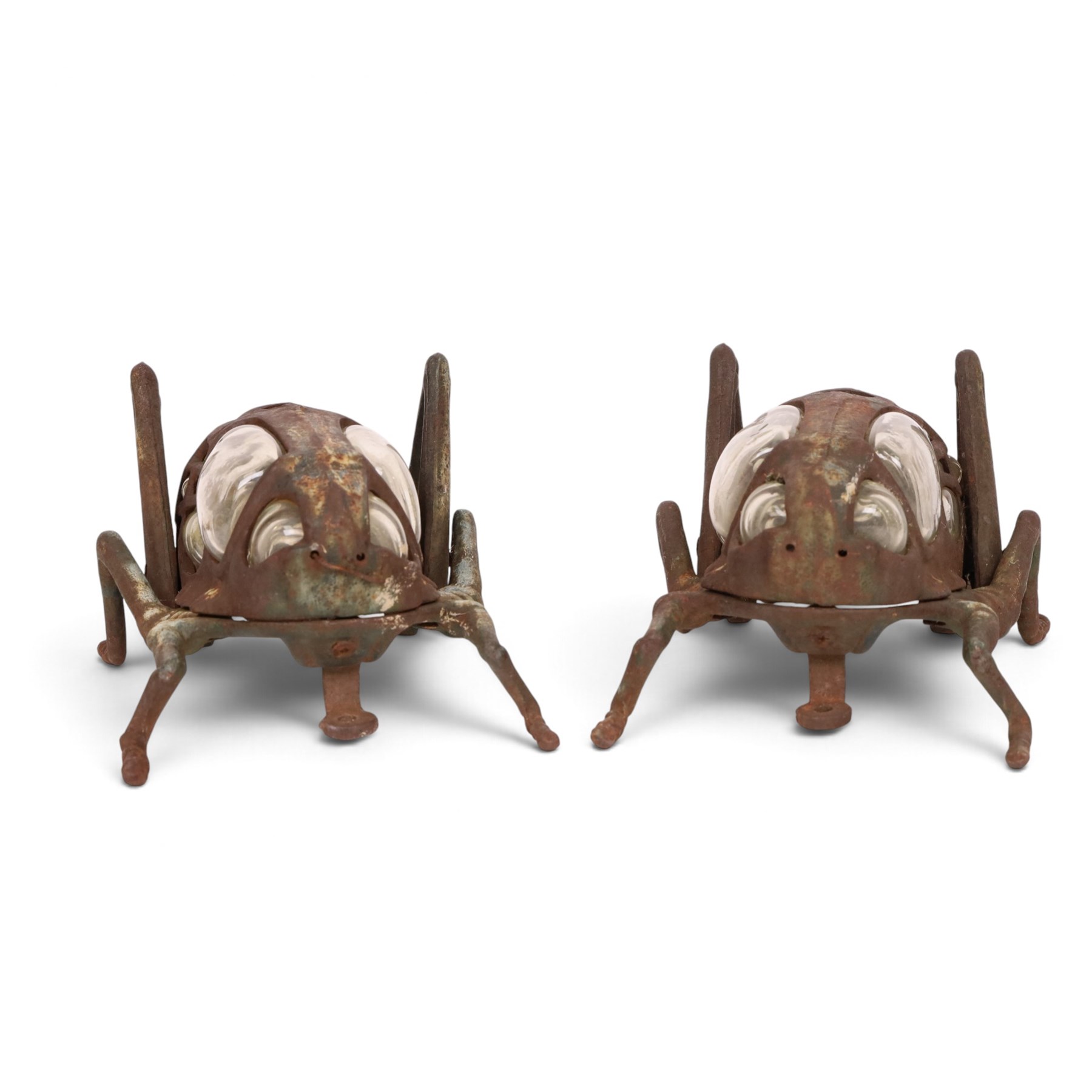 Pair of Japanese cast iron lanterns formed of crickets, H13cm