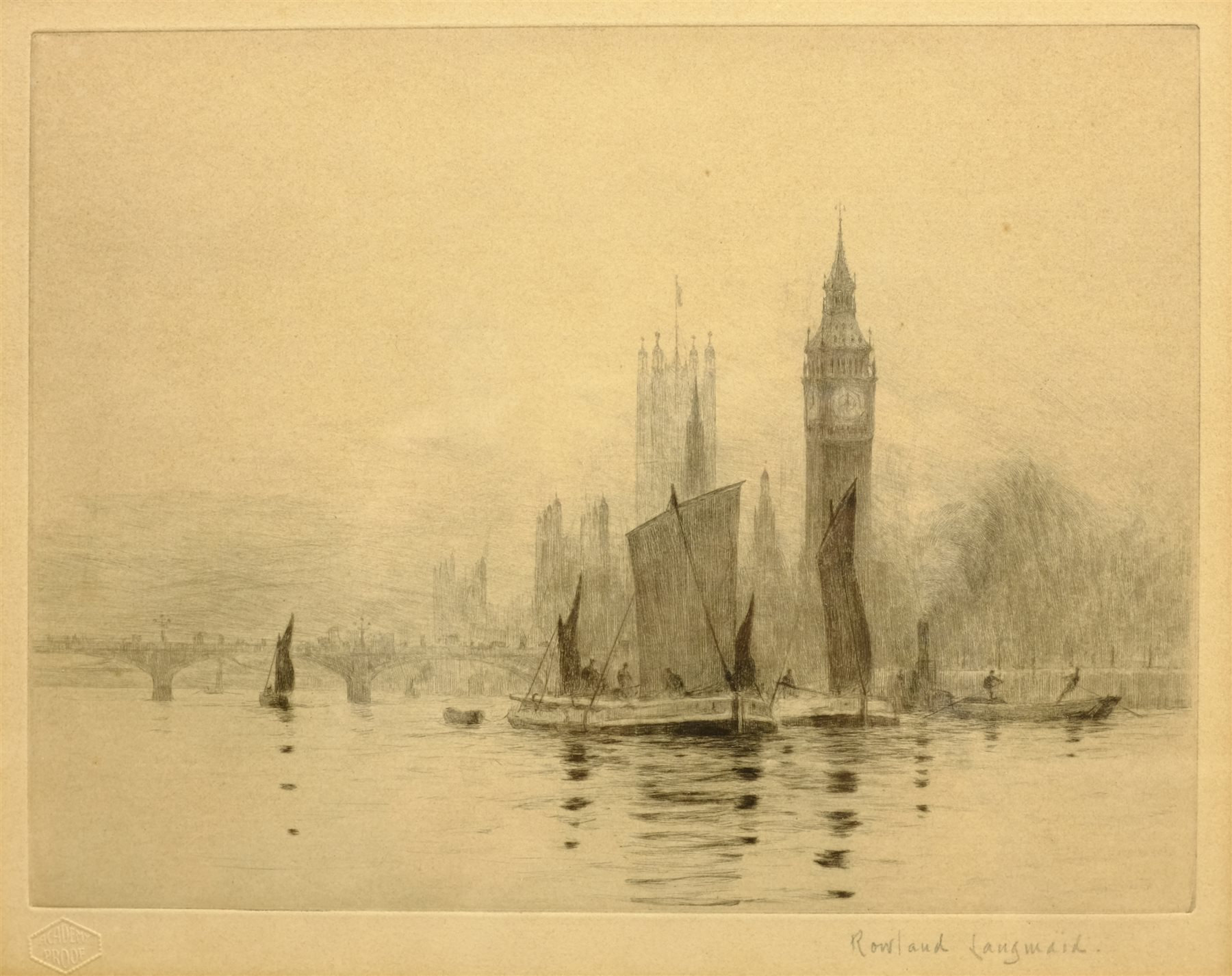Rowland Langmaid (British 1897-1956): 'Barges on the Thames before Westminster', etching signed in pencil with Academy Proof blindstamp 21cm x 27cm