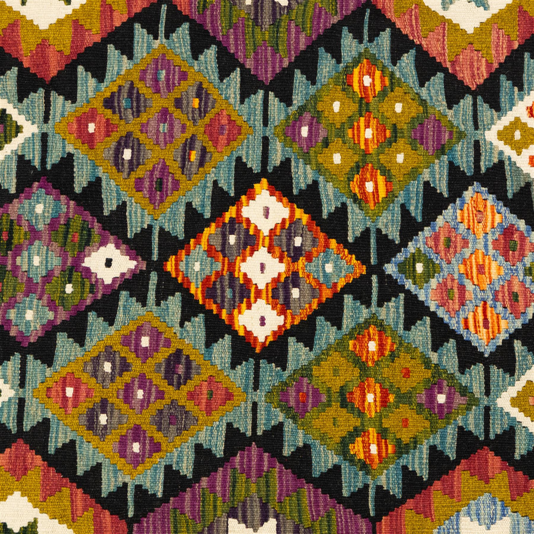 Afghan Maimana flatweave kilim runner, central field features large bold nested diamond motifs and stylized geometric lozenge patterns on olive purple, ochre, blue, and green tone ground, border stripe in orange tones with fringe