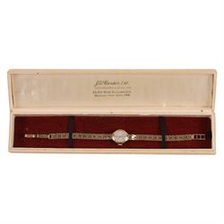 J W Benson ladies 9ct gold manual wind wristwatch, on 9ct gold bracelet, hallmarked, boxed