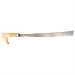 Borneo Dayak Mandau knife, with carved bone handle and wooden scabbard, overall L64cm