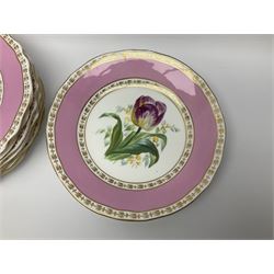 Victorian Copeland, Botanical dessert service, decorated with floral sprigs to the centre with a pink and gilt border, comprising five comports and seven plates, largest comport H20cm, plate D22cm