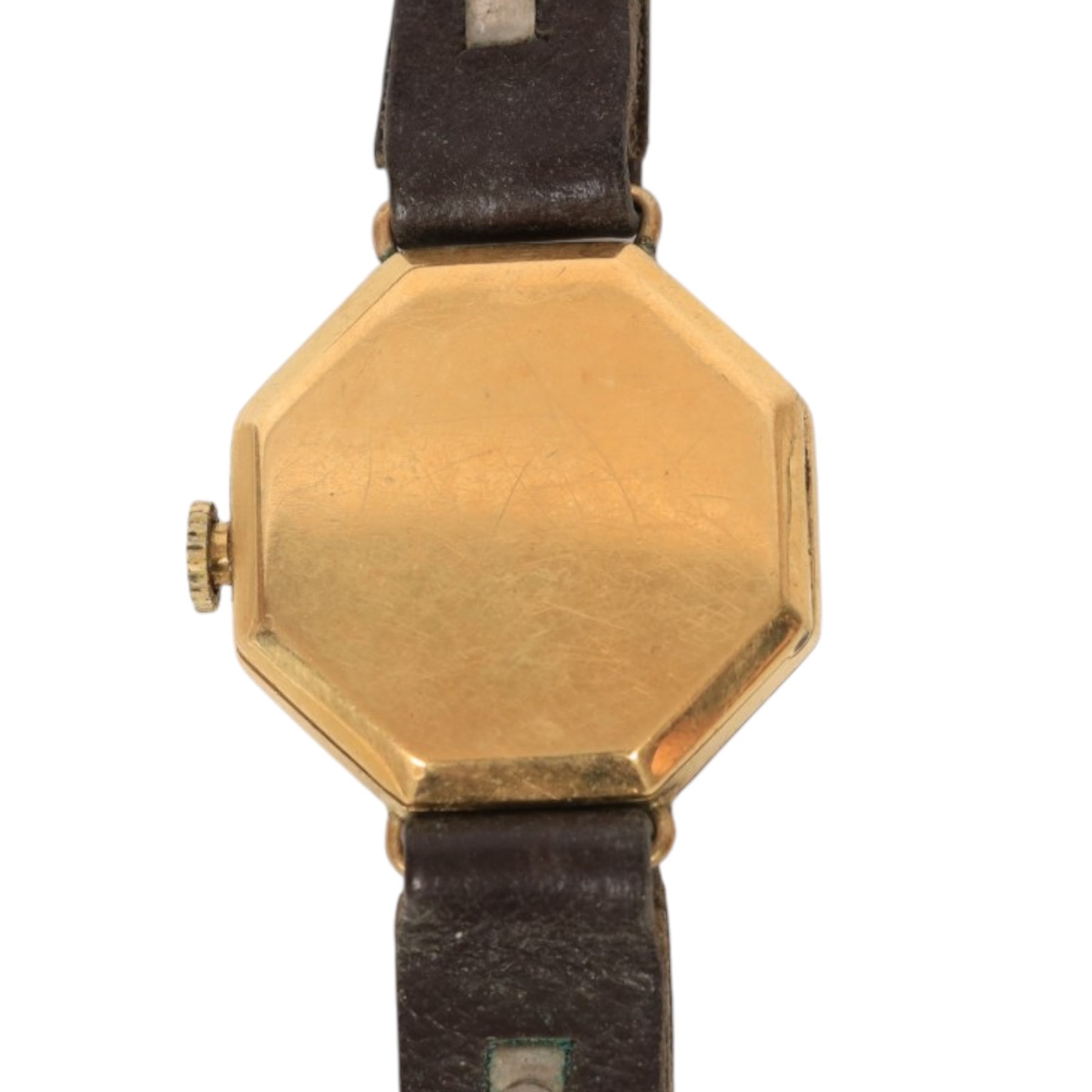 Five 9ct gold manual wind wristwatches, one on a 9ct rose gold expanding bracelet and an 18ct gold manual wind wristwatch, on brown leather strap