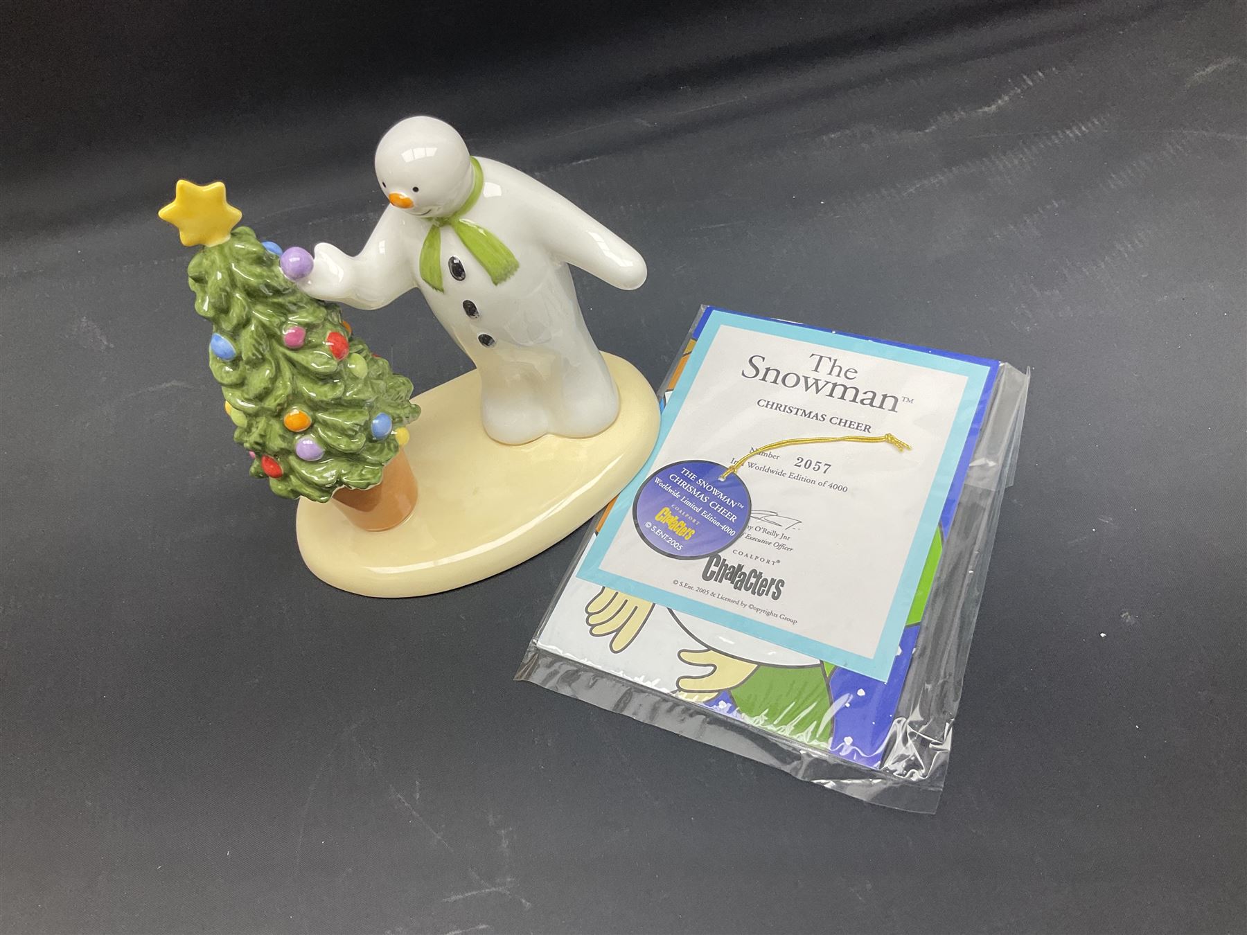 Four Coalport Characters The Snowman figures, comprising Snowman's Surprise, Christmas Cheer with certificate, The Bashful Blush and Dancing at the Party, all with original boxes 