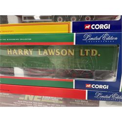 Corgi - three limited edition 1:50 scale heavy haulage vehicles comprising CC13404 MAN TGA Curtainside with Moffett Mounty Norman Emerson & Sons Ltd; CC12418 Volvo FH12 Globetrotter Curtainside Harry Lawson Ltd; and CC12903 Scania Topline Curtainside Currie European Transport; all boxed (3)