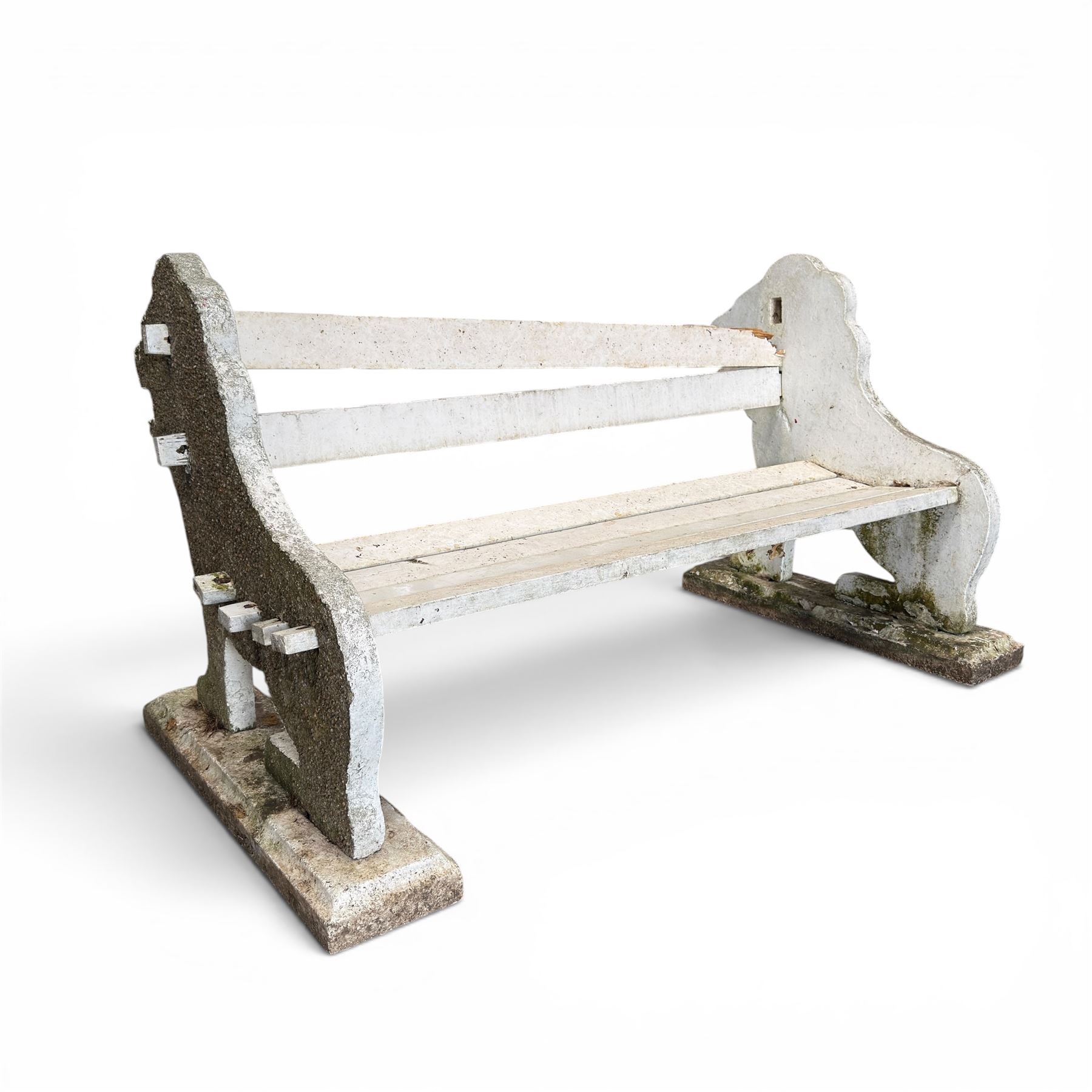 Composite stone white painted garden lion bench, the end supports in the form of standing lions, with pegged back and seat slats