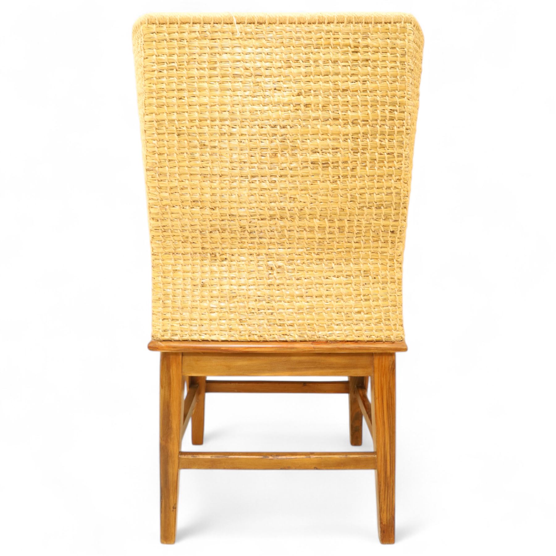 Pair of 20th century full-size pine Orkney chairs, high-back armchairs of traditional design, pegged and wedged construction, wrap-around backrest and sides, above scrolled out-swept arms and solid rounded pine seat, raised on square tapering legs united by stretchers, hand-signed ‘Jackie Miller’ and stamped ‘Orkney’
