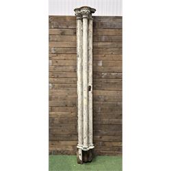 Large 19th century painted pine club shaped column, carved capitals with a cluster of thre...