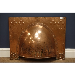  Arts & Crafts copper fire canopy, beaten domed arch, scrolled with embossed decoration, 69cm x 53cm  