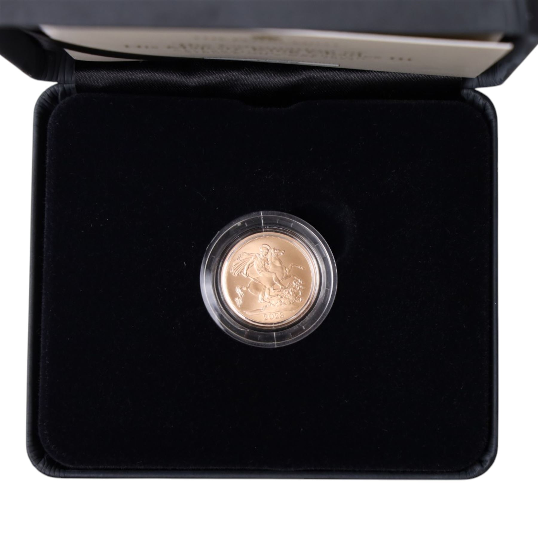 The Royal Mint United Kingdom 2023 'The Coronation of His Majesty King Charles III Celebration' gold brilliant uncirculated full sovereign coin, struck on the day, from an edition of 1250, cased and boxed with certificate