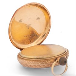 Early 20th century 12ct gold open face cylinder fob watch, white enamel dial with Roman numeral hour markers and gold decoration, retailed by T. Fattorini, with 9ct rose gold lug attachment, case with engraved foliate decoration and empty cartouche by Stockwell & Co, London import mark 1909