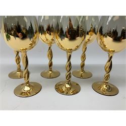 Set of six Art Deco style green glass sundae dishes, H9cm along with set of six Bohemian style glasses with twisted gilt stems