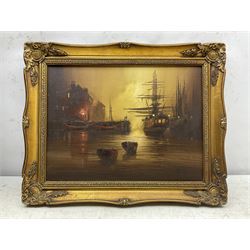 Barry Hilton (British 1941-): Moored Galleons at Night, oil on canvas signed 30cm x 40cm